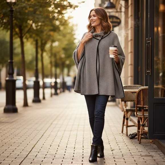 Do everything in love Sweaters - Do everything in Love Poncho Womens One Size Black White Knit Toggle Cape Collar